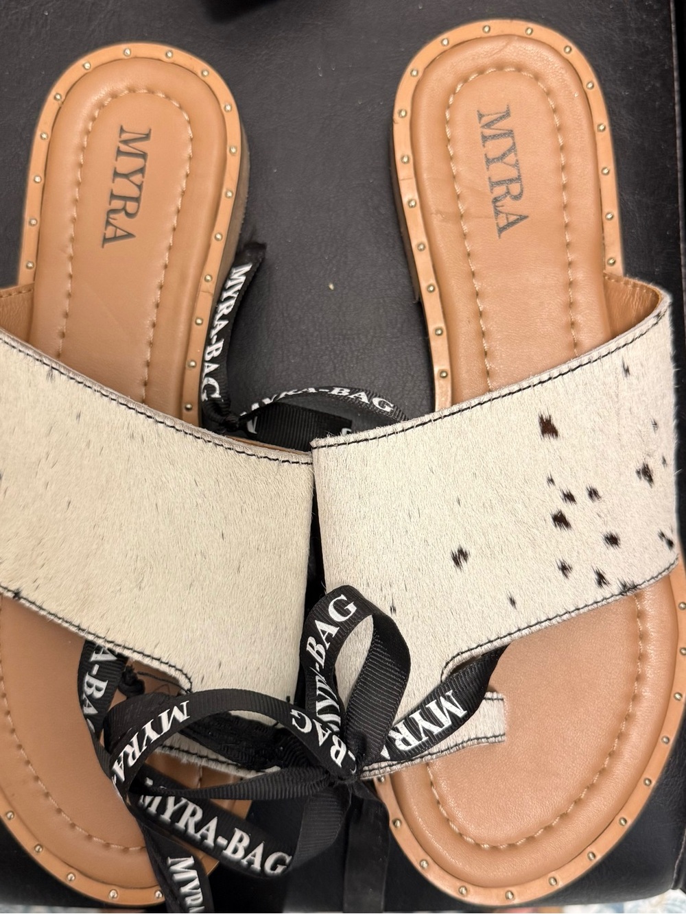 Myra Bag White Speckled Slide Mules with Black Ribbon
